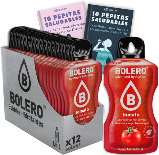Pack de 12 sobres de Bolero Tomate, la bebida saborizada sin azúcar para 24 litros. Incluye 20 Pepitas Saludables de Cia&Co para una vida más activa y creativa. Cia&Co - frontal