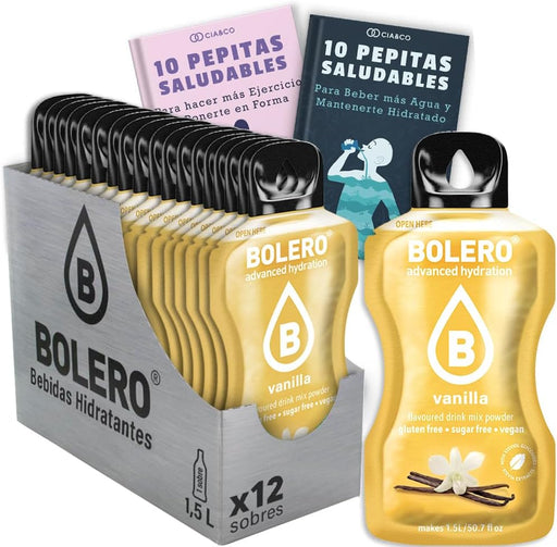 Pack de 12 sobres de Bolero Vainilla, la bebida saborizada sin azúcar para 24 litros. Incluye 20 Pepitas Saludables de Cia&Co para un toque dulce y sano en tu vida. Cia&Co - frontal
