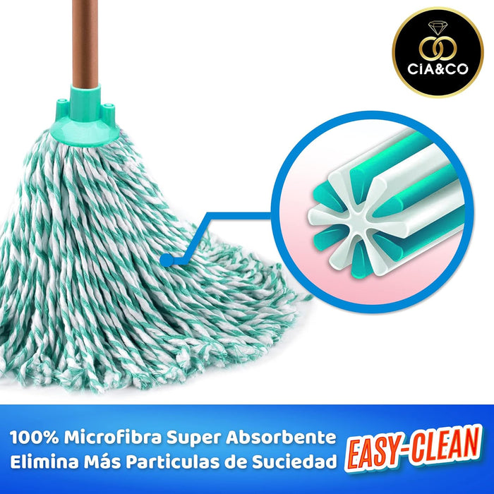 Pack de 2 Fregonas de Microfibra Cia&Co. Un set de limpieza con cabezal universal, mega-absorbente, de fácil escurrido y que no deja pelusa. Apta para todo tipo de suelos. Cia&Co - detalle