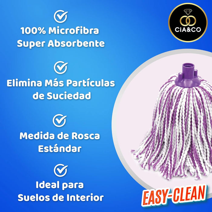 Pack de 2 Fregonas de Microfibra Cia&Co. Un set de limpieza con cabezal universal, mega-absorbente, de fácil escurrido y que no deja pelusa. Apta para todo tipo de suelos. Cia&Co - pack
