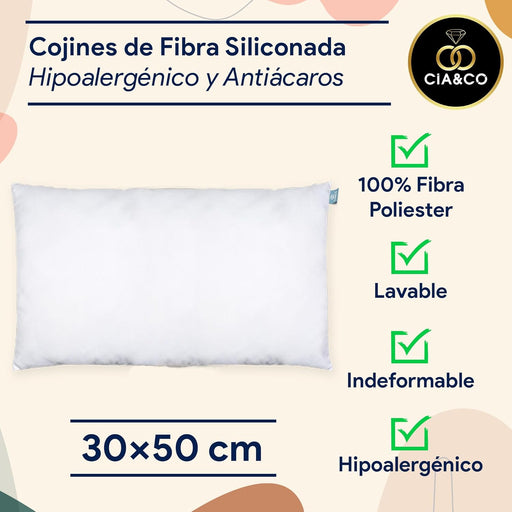Pack de 2 Rellenos para Cojín 30x50 cm de Cia&Co. Fibra virgen indeformable, hipoalergénica y antiácaros, con funda transpirable y lavable para un confort duradero. Cia&Co - pack