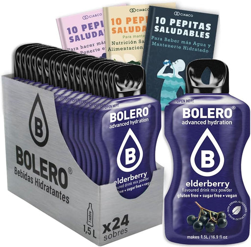 Pack de 24 Bebidas Bolero Sabor Bayas de Saúco: Descubre un sabor floral y exótico sin azúcar, con 30 Pepitas Saludables Cia&Co de regalo. Cia&Co - frontal