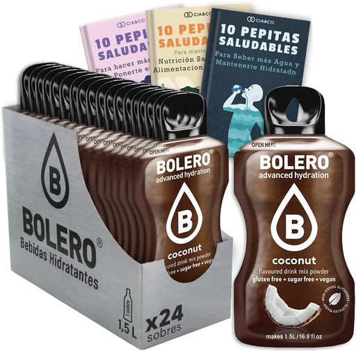 Pack de 24 Bebidas Bolero Sabor Coco Sin Azúcar: Transforma tu agua en un refresco tropical, hidratante y saludable, con 30 Pepitas Saludables Cia&Co de regalo. Cia&Co - frontal