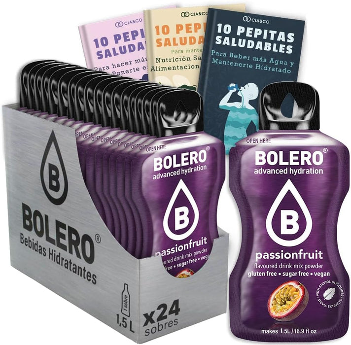 Pack de 24 Bebidas Bolero Sabor Fruta de la Pasión: Hidrátate con el sabor más exótico y sin azúcar, con 30 Pepitas Saludables Cia&Co de regalo. Cia&Co - frontal