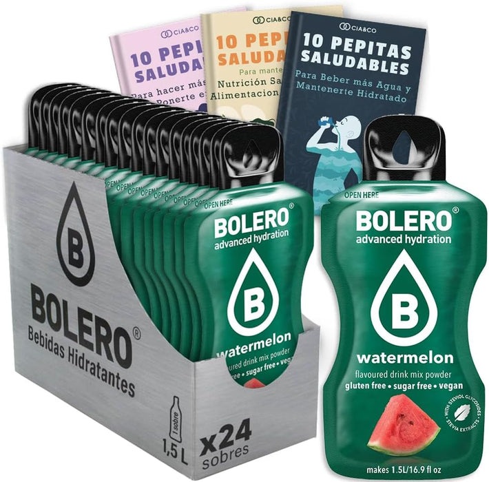 Pack de 24 Bebidas Bolero Sabor Sandía Sin Azúcar: Disfruta del refresco más veraniego y sin calorías, con 30 Pepitas Saludables Cia&Co de regalo. Cia&Co - frontal