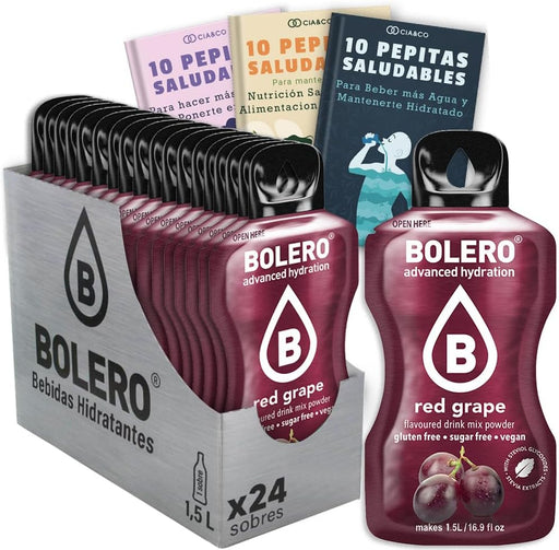 Pack de 24 Bebidas Bolero Sabor Uva Roja Sin Azúcar: Disfruta del sabor del mosto sin remordimientos, con 30 Pepitas Saludables Cia&Co de regalo. Cia&Co - frontal