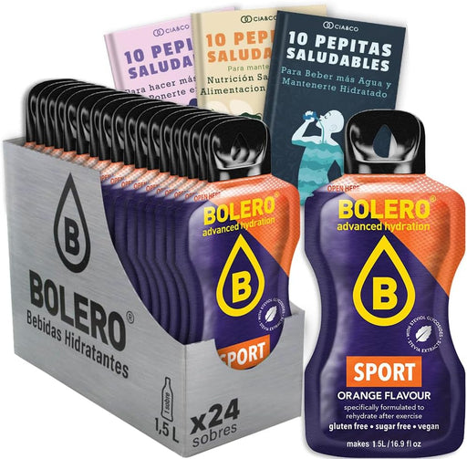 Pack de 24 Bebidas Bolero Sport Naranja Isotónico: La bebida sin azúcar para deportistas que rehidrata y repone sales, con 30 Pepitas Saludables Cia&Co. Cia&Co - frontal