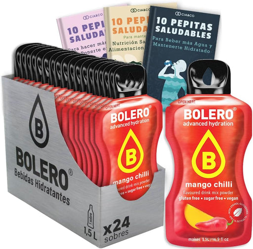 Pack de 24 sobres de Bebida Bolero con el exótico y atrevido sabor a Mango Picante. Una experiencia de hidratación sin azúcar que despertará tus sentidos. Incluye 30 Pepitas Saludables. Cia&Co - frontal