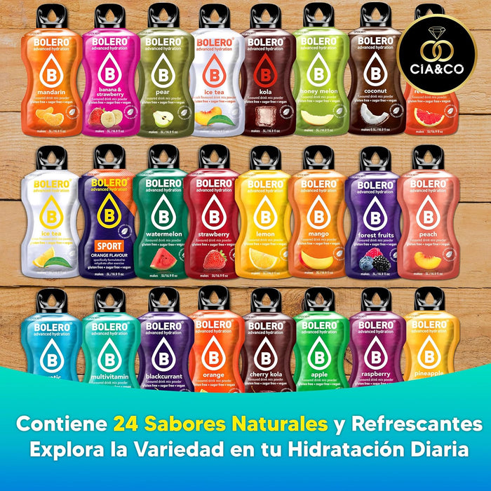 Pack de 24 sobres de Bebida Bolero con sabores variados, la forma perfecta de descubrir tu favorito y disfrutar de una hidratación saludable y divertida cada día. Cia&Co - detalle