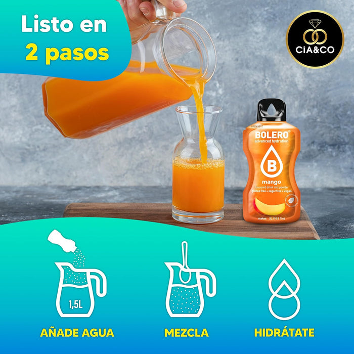 Pack de 24 sobres de Bebida Bolero con sabores variados, la forma perfecta de descubrir tu favorito y disfrutar de una hidratación saludable y divertida cada día. Cia&Co - lateral