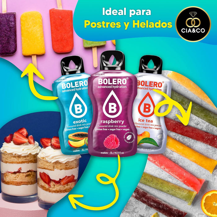 Pack de 24 sobres de Bebida Bolero con sabores variados, la forma perfecta de descubrir tu favorito y disfrutar de una hidratación saludable y divertida cada día. Cia&Co - presentacion