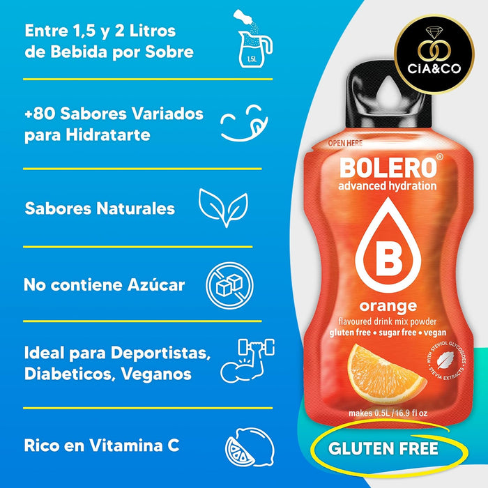 Pack de 24 sobres de Bebida Bolero con sabores variados, la forma perfecta de descubrir tu favorito y disfrutar de una hidratación saludable y divertida cada día. Cia&Co - uso
