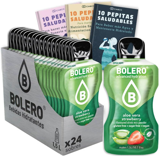 Pack de 24 sobres de Bebida Bolero sabor Aloe Vera y Fresa, una combinación irresistible y saludable para tu hidratación diaria. Sin azúcar y con Vitamina C. Cia&Co - frontal
