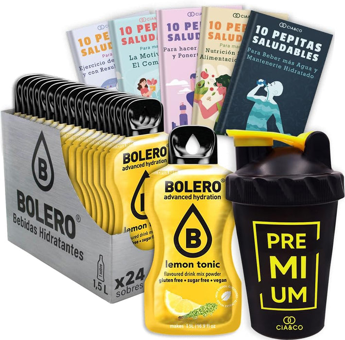 Pack de 24 sobres de Bebida Bolero sabor Limón Tónica, una experiencia refrescante e hidratante sin azúcar. Incluye 50 Pepitas Saludables y una botella mezcladora Cia&Co de 500 ml. Cia&Co - frontal