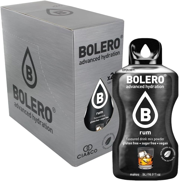 Pack de 24 sobres de Bebida Bolero sabor Ron, una experiencia caribeña sin alcohol ni azúcar. Con Vitamina C y 30 Pepitas Saludables para un estilo de vida top. Cia&Co - extra