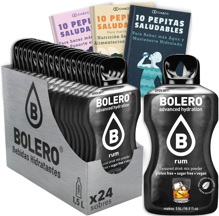 Pack de 24 sobres de Bebida Bolero sabor Ron, una experiencia caribeña sin alcohol ni azúcar. Con Vitamina C y 30 Pepitas Saludables para un estilo de vida top. Cia&Co - frontal