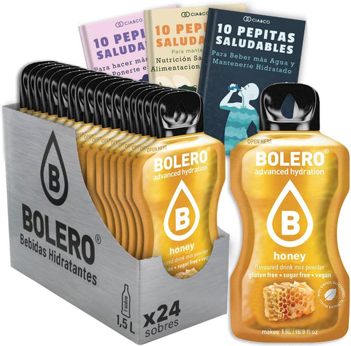 Pack de 24 sobres de Bolero sabor Miel. Bebida instantánea sin azúcar para una hidratación deliciosa. Enriquecida con Vitamina C y Stevia. Incluye 30 Pepitas Saludables de Cia&Co. Cia&Co - frontal