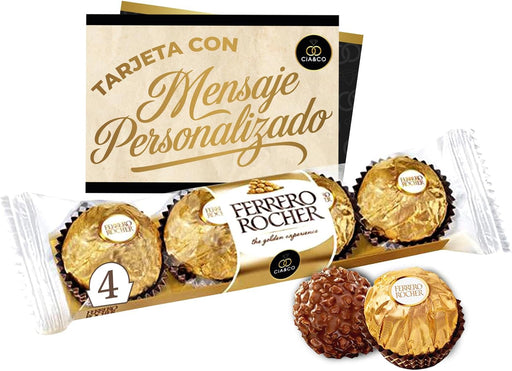 Pack de 4 Bombones Ferrero Rocher (50g) con Tarjeta Personalizada Cia&Co. El detalle dulce y personal perfecto para decir "gracias", "enhorabuena" o "me acuerdo de ti" de forma original. Cia&Co - frontal