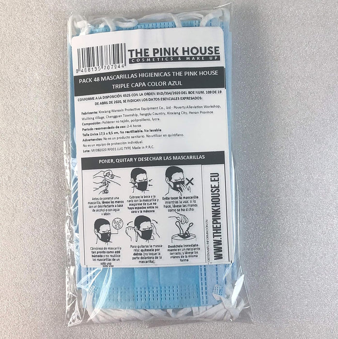 Pack de 48 mascarillas higiénicas desechables The Pink House. Fabricadas con 3 capas de protección para una filtración eficiente y un uso diario seguro y cómodo. Cia&Co - detalle