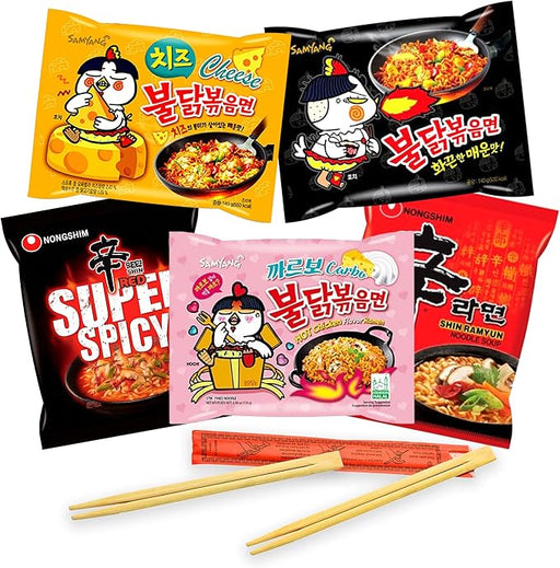 Pack de 5 Ramen Coreano Picante Selección Top Cia&Co: Incluye Samyang Buldak Hot, Carbonara, Curry, Nongshim Spice y Super Spicy con 2 Pares de Palillos de Regalo. Cia&Co - frontal