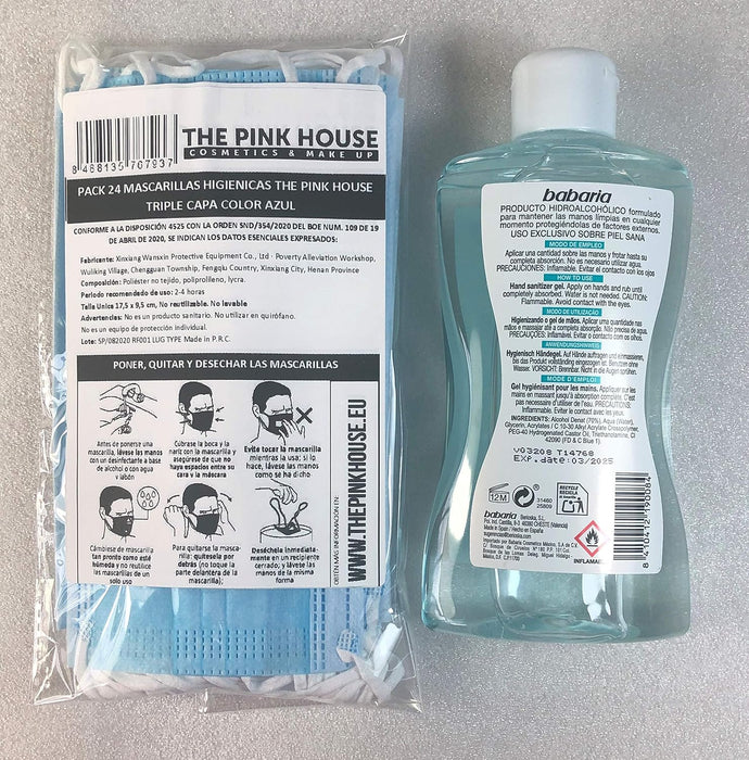 Pack de protección Cia&Co con 24 mascarillas higiénicas The Pink House y 1 gel hidroalcohólico Babaria de 300 ml. Protección completa con materiales no tóxicos. Cia&Co - detalle