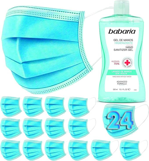 Pack de protección Cia&Co con 24 mascarillas higiénicas The Pink House y 1 gel hidroalcohólico Babaria de 300 ml. Protección completa con materiales no tóxicos. Cia&Co - frontal
