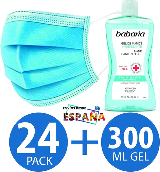 Pack de protección Cia&Co con 24 mascarillas higiénicas The Pink House y 1 gel hidroalcohólico Babaria de 300 ml. Protección completa con materiales no tóxicos. Cia&Co - pack
