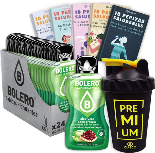 Pack definitivo de hidratación saludable: 24 sobres de Bolero Aloe Vera Granada, 50 Pepitas Saludables y una botella mezcladora shaker Cia&Co de 500 ml. Cia&Co - frontal