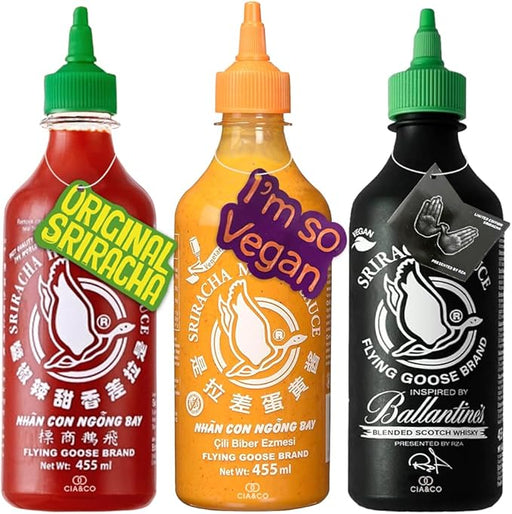 Pack Degustación Sriracha Flying Goose: Original (🌶️🌶️), Mayo Spice (🌶️) y la atrevida Ballantine's Inspire (🌶️) de edición limitada en un set de 3x455ml. Cia&Co - frontal