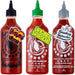 Pack Degustación Sriracha para Valientes: Original (🌶️🌶️), Smokey Ahumada (🌶️) y la super picante Black Out (🌶️🌶️🌶️) en un set de 3x455ml Flying Goose. Cia&Co - frontal