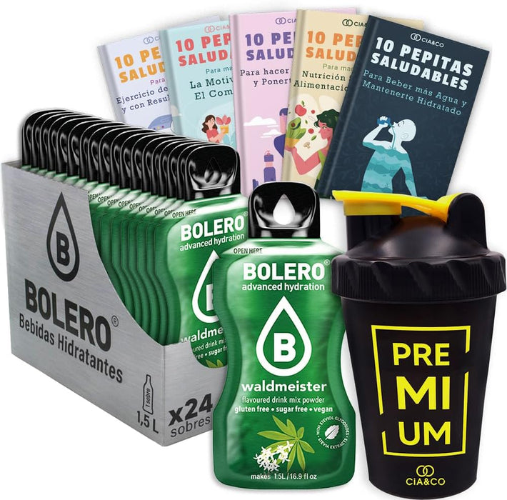 Pack premium Bolero Aspérula: 24 sobres de 9g de bebida saludable sin azúcar con 50 Pepitas de Bienestar y un shaker mezclador de 500 ml exclusivo de Cia&Co. Cia&Co - frontal
