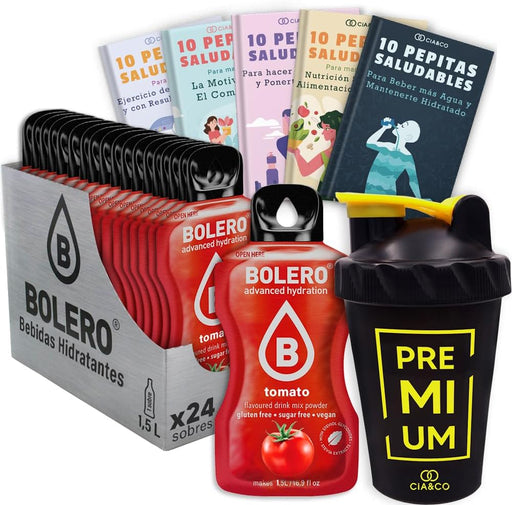 Pack Premium Bolero Tomate: 24 sobres de 9g sin azúcar, 50 Pepitas Saludables y un shaker mezclador de 500 ml exclusivo de Cia&Co para tus bebidas creativas. Cia&Co - frontal