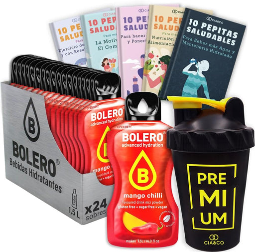 Pack premium de 24 sobres de Bebida Bolero sabor Mango Picante sin azúcar. Incluye 50 Pepitas Saludables y una botella mezcladora shaker de 500 ml para una experiencia completa. Cia&Co - frontal
