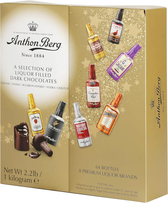 Pack Regalo Anthon Berg: 64 Botellitas de Chocolate con Licor + 15 Bombones de Cereza. Incluye tarjeta personalizada. El detalle perfecto para amantes del chocolate y licor. Cia&Co - detalle
