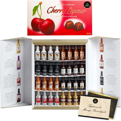 Pack Regalo Anthon Berg: 64 Botellitas de Chocolate con Licor + 15 Bombones de Cereza. Incluye tarjeta personalizada. El detalle perfecto para amantes del chocolate y licor. Cia&Co - frontal