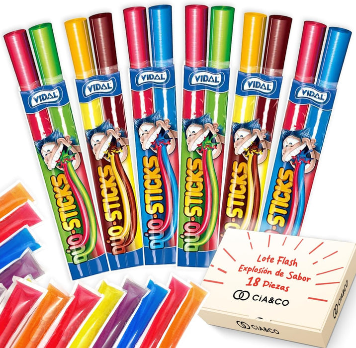 Pack Veraniego Cia&Co con 18 Flashes de Sabores Top. Incluye 6 polines Duo Sticks de Vidal de doble sabor y 12 flashes Burmar con los sabores más clásicos y refrescantes. Cia&Co - frontal