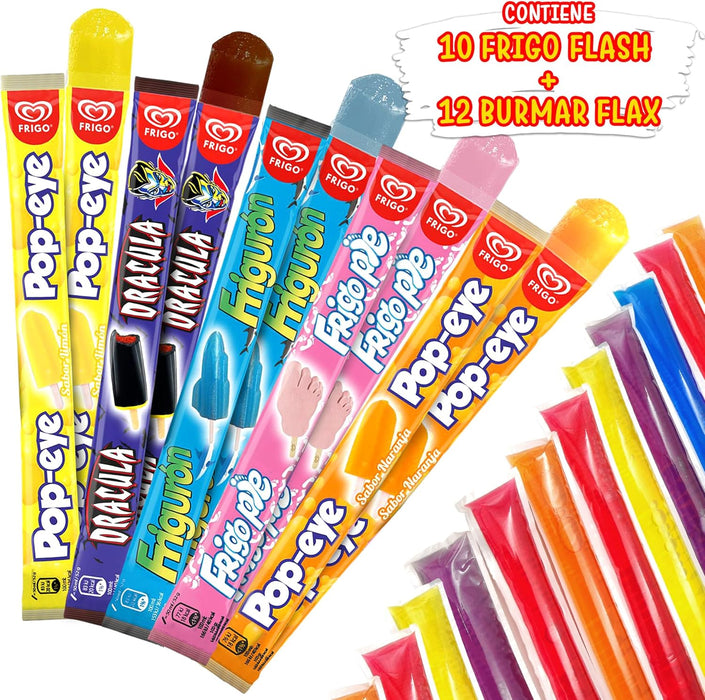 Pack Veraniego Cia&Co con 22 Flashes Surtidos. Incluye 10 polines de marcas Frigo como Popeye, Frigo Pie y Drácula, más 12 flashes Burmar de sabores clásicos. Cia&Co - detalle