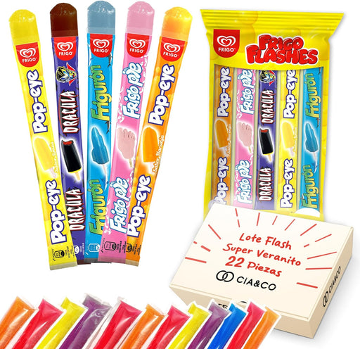 Pack Veraniego Cia&Co con 22 Flashes Surtidos. Incluye 10 polines de marcas Frigo como Popeye, Frigo Pie y Drácula, más 12 flashes Burmar de sabores clásicos. Cia&Co - frontal