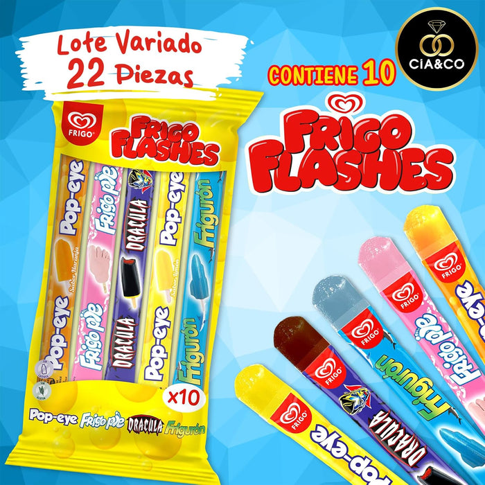 Pack Veraniego Cia&Co con 22 Flashes Surtidos. Incluye 10 polines de marcas Frigo como Popeye, Frigo Pie y Drácula, más 12 flashes Burmar de sabores clásicos. Cia&Co - ingredientes