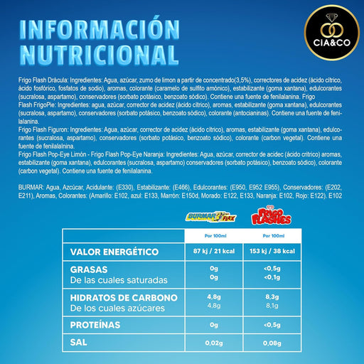 Pack Veraniego Cia&Co con 22 Flashes Surtidos. Incluye 10 polines de marcas Frigo como Popeye, Frigo Pie y Drácula, más 12 flashes Burmar de sabores clásicos. Cia&Co - pack