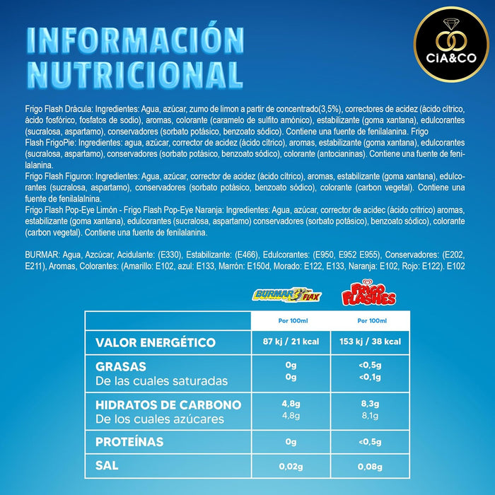 Pack Veraniego Cia&Co con 22 Flashes Surtidos. Incluye 10 polines de marcas Frigo como Popeye, Frigo Pie y Drácula, más 12 flashes Burmar de sabores clásicos. Cia&Co - pack