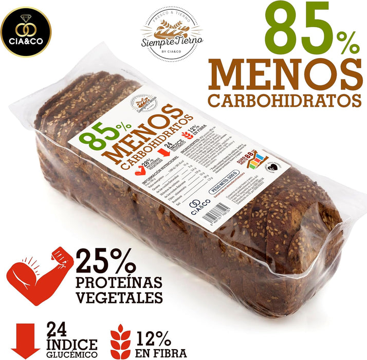Pan Proteico SiempreTierno XXL (500g) de Cia&Co, en rebanadas. Bajo en carbohidratos (85% menos) y con 25% de proteína, es perfecto para dietas Keto y fitness. Cia&Co - detalle