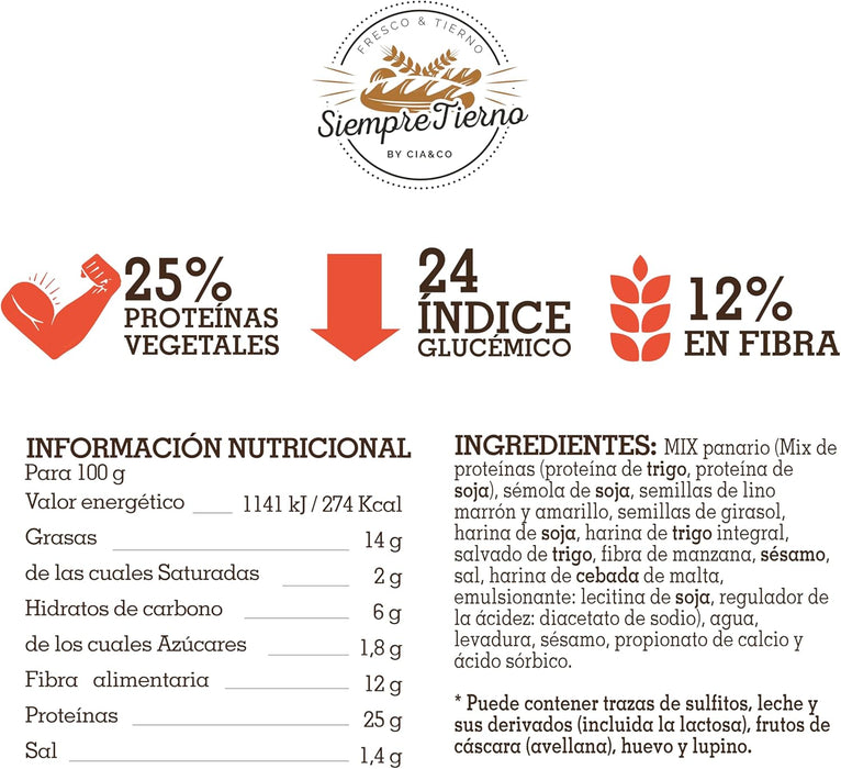 Pan Proteico SiempreTierno XXL (500g) de Cia&Co, en rebanadas. Bajo en carbohidratos (85% menos) y con 25% de proteína, es perfecto para dietas Keto y fitness. Cia&Co - pack