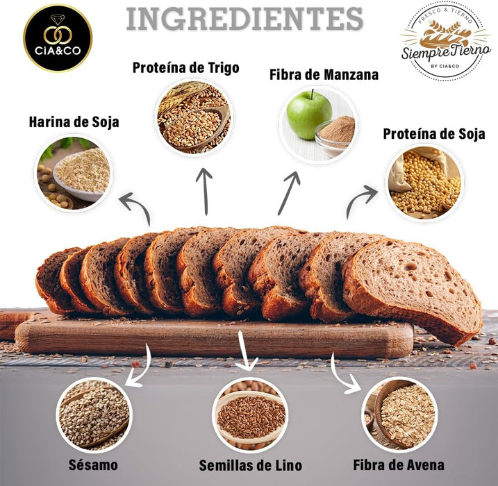 Pan Proteico SiempreTierno XXL (500g) de Cia&Co, en rebanadas. Bajo en carbohidratos (85% menos) y con 25% de proteína, es perfecto para dietas Keto y fitness. Cia&Co - presentacion
