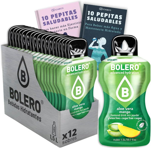 Prueba la deliciosa fusión de Aloe Vera y Mango con este pack de 12 sobres de bebida Bolero sin azúcar. Incluye 20 Pepitas Saludables para inspirar tu cuidado personal. Cia&Co - frontal