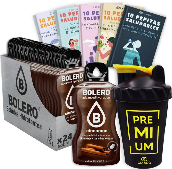 Super Pack Bolero Canela: 24 sobres sin azúcar, 50 Pepitas Saludables y una botella mezcladora Cia&Co. La solución definitiva para una hidratación perfecta. Cia&Co - frontal