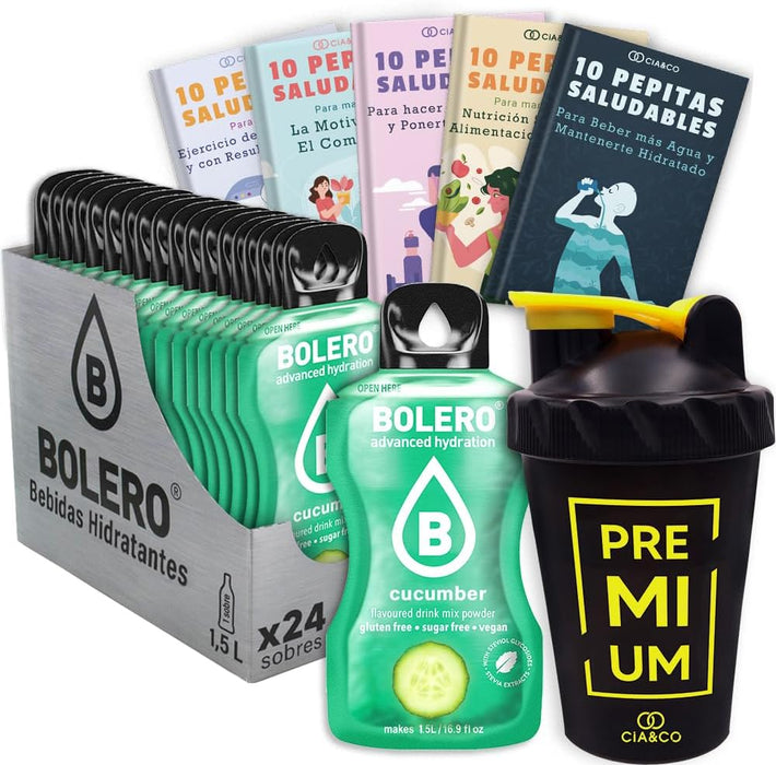 Super Pack Bolero Pepino: 24 sobres sin azúcar, 50 Pepitas Saludables y una botella mezcladora. La combinación perfecta para un estilo de vida fresco y activo. Cia&Co - frontal
