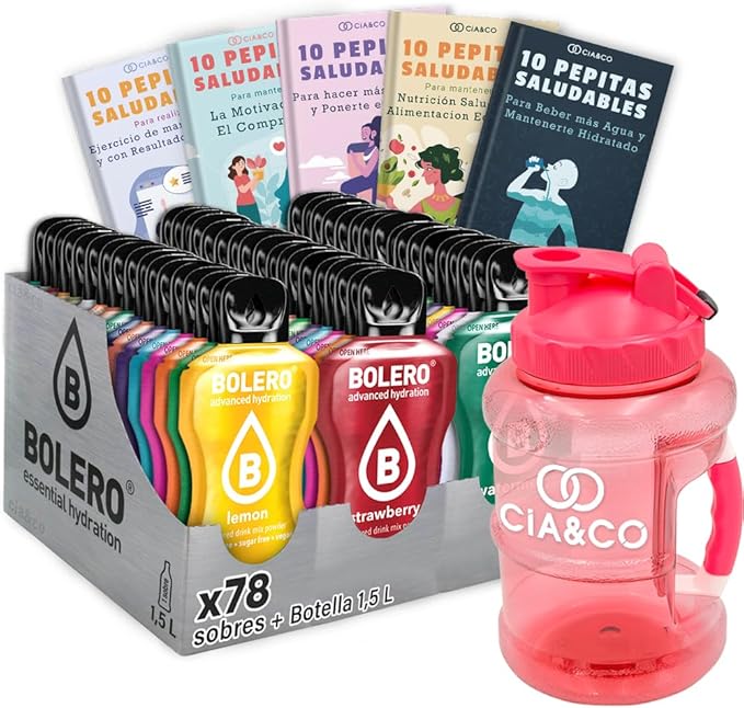 Surtido de 78 Sobres de Bebida Bolero Mix (78x9g) con Botella Rosa de 1.5L. Fórmula saludable sin azúcar, sin gluten y con Vitamina C. Incluye 50 Pepitas Saludables Cia&Co. Cia&Co - frontal