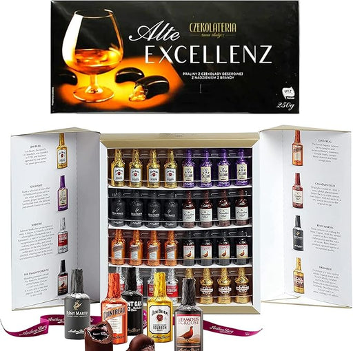 Surtido de Bombones de Licor, Pack Regalo con 94 Unidades. Incluye Botellitas de Chocolate con Licor Anthon Berg y Bombones de Coñac Alte Excellenz. Una experiencia gourmet única. Cia&Co - frontal