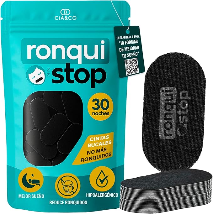 Tiras Antironquidos RoquiSTOP de Cia&Co, 30 Unidades para 30 noches. Adhesivo hipoalergénico para evitar ronquidos, favorecer la respiración nasal y mejorar el descanso. Cia&Co - frontal